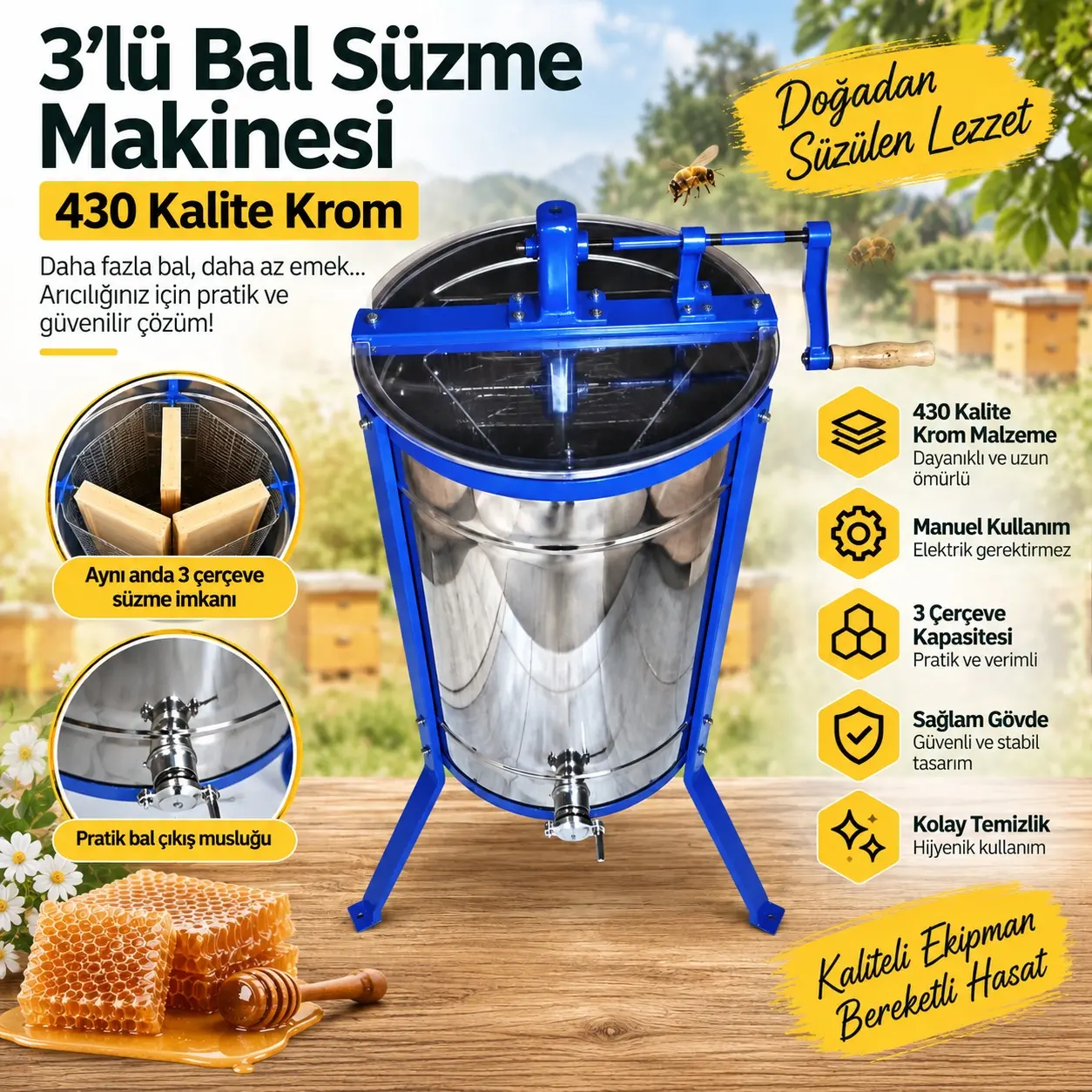 3’lü Bal Süzme Makinesi 430 Kalite Krom 3’lü Bal Süzme Makinesi 430 Kalite Krom